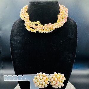 Shell And Wood Necklace And Clip On Earrings Set